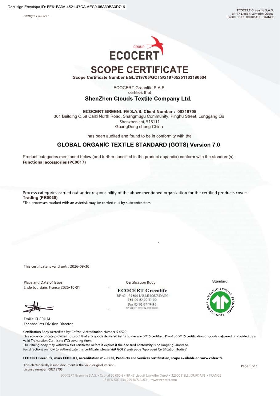 GOTS Version 7.0 — ShenZhen Clouds Textile Company Ltd.