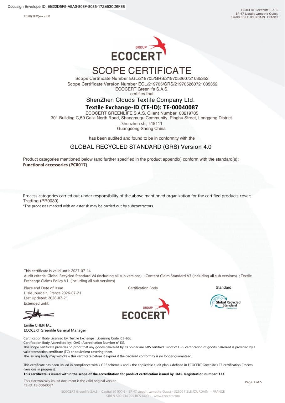 GRS Version 4.0 — ShenZhen Clouds Textile Company Ltd.