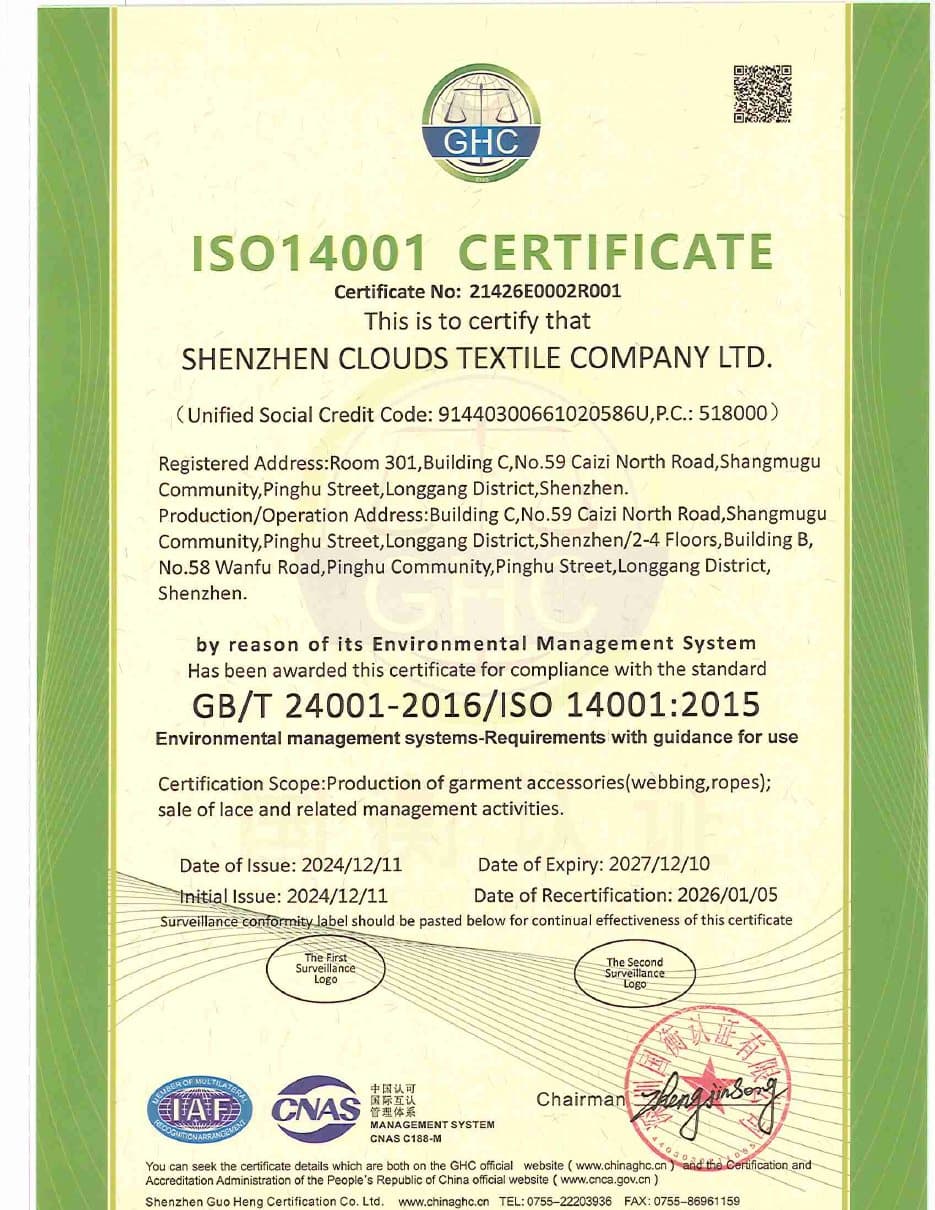 ISO 14001:2015 — ShenZhen Clouds Textile Company Ltd.