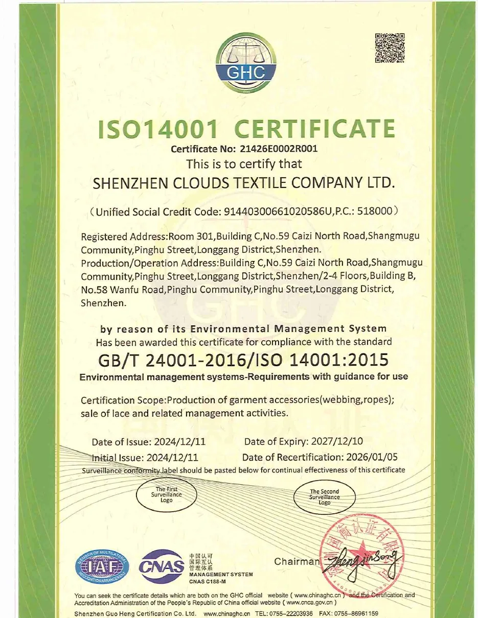 ISO 14001:2015 — ShenZhen Clouds Textile Company Ltd.