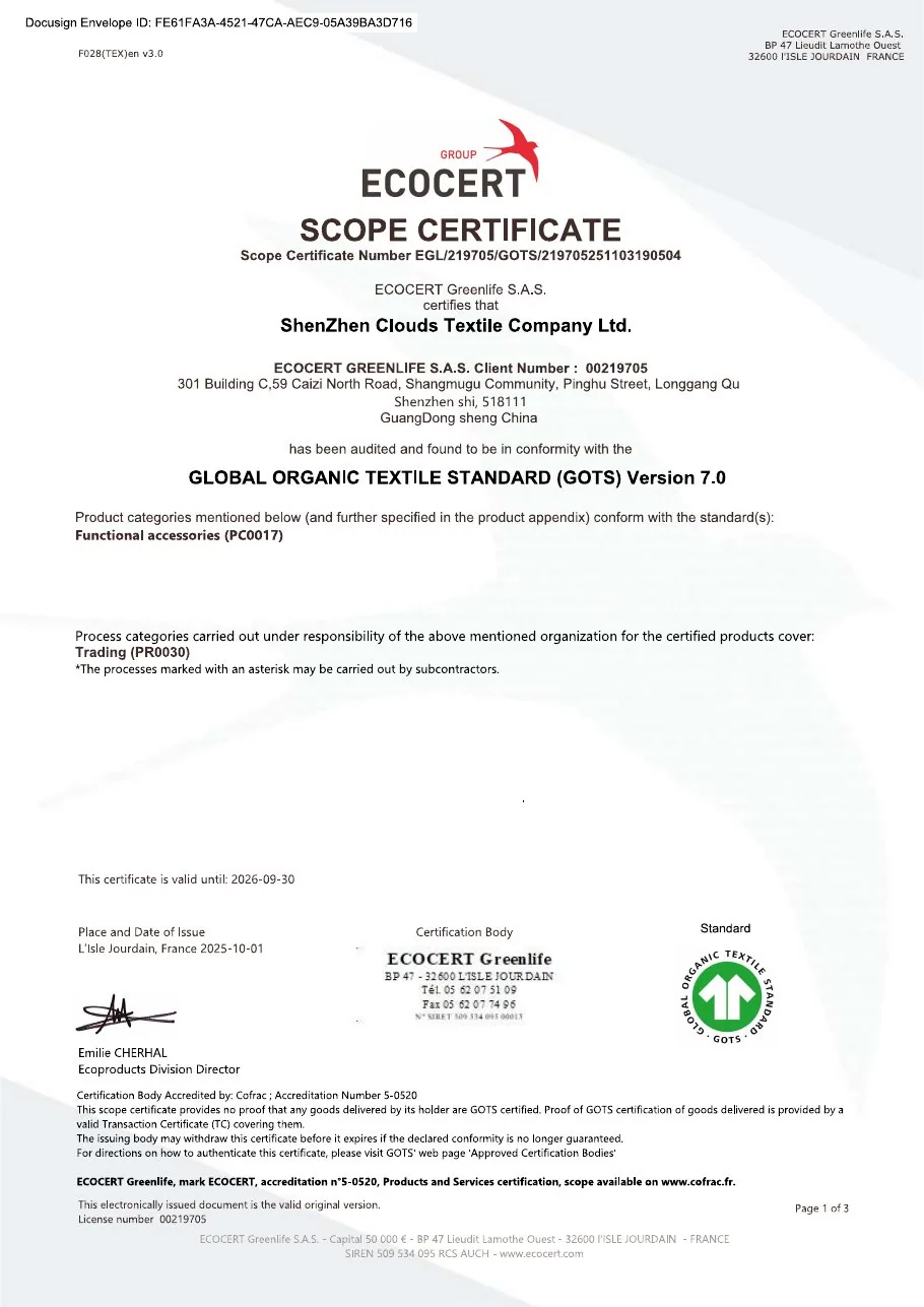 GOTS Version 7.0 — ShenZhen Clouds Textile Company Ltd.